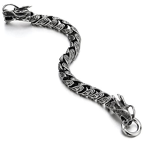 COOLSTEELANDBEYOND Retro Style Mens Stainless Steel Dragon Vintage Link Chain Bracelet Spring Ring Clasp 8.5 Inches - coolsteelandbeyond