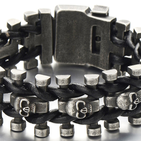 Rock Punk Heavy-Duty Black Braided Leather Bracelet with Skulls for Men Leather Bangle Wristband - COOLSTEELANDBEYOND Jewelry