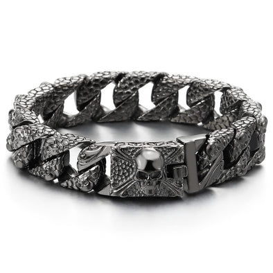 Shinny Grey Black Skull Charm Snake Skin Pattern Curb Chain Large Steel Bracelet Pirate Skulls Clasp - COOLSTEELANDBEYOND Jewelry