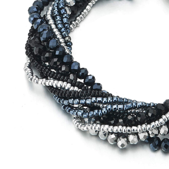 COOLSTEELANDBEYOND Silver Black Dark Blue Crystal Beads Multi-Strand Bracelet with Rhinestone Ball Charm Magnetic Clasp - COOLSTEELANDBEYOND Jewelry