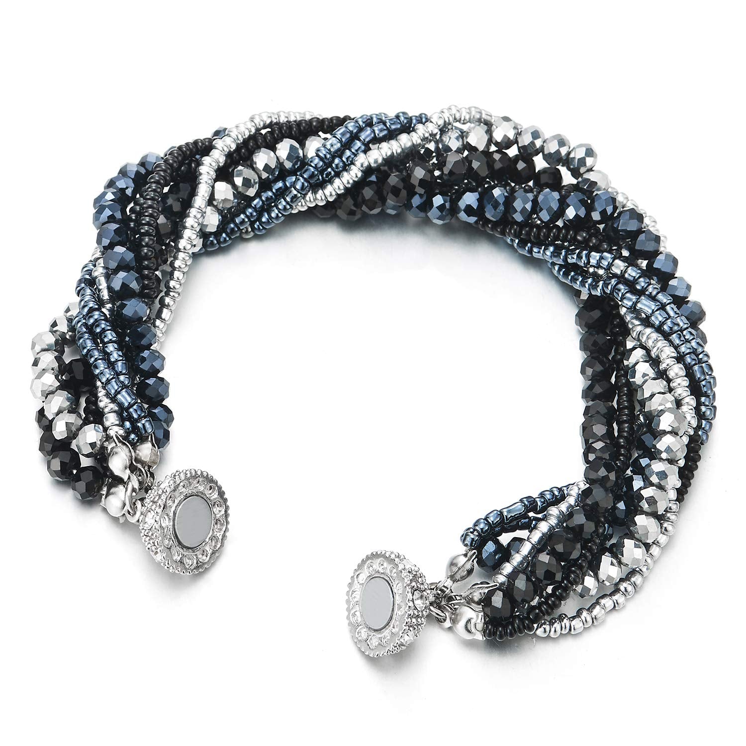 Silver Black Dark Blue Crystal Beads Multi-Strand Bracelet with ...