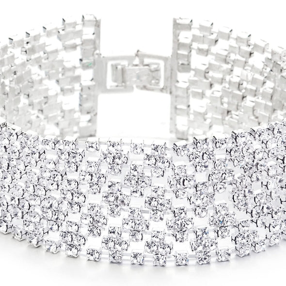 Sparkling Flower Weaved Rhinestones Pave Cluster Wide Bangle Bracelet - COOLSTEELANDBEYOND Jewelry