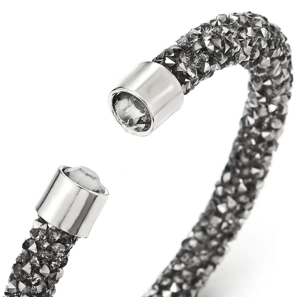 Sparkling Grey Rhinestones Elastic Adjustable Cuff Bangle Bracelet for Women - COOLSTEELANDBEYOND Jewelry
