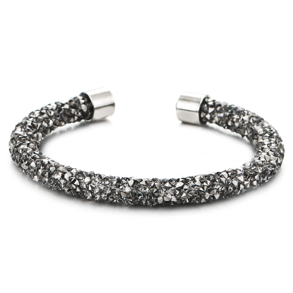 Sparkling Grey Rhinestones Elastic Adjustable Cuff Bangle Bracelet for Women - COOLSTEELANDBEYOND Jewelry