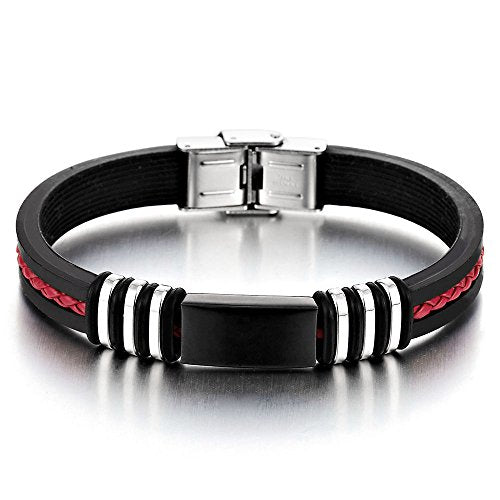 COOLSTEELANDBEYOND Stainless Steel Black Silicone Bracelet for Mens Inlaid with Braided Leather in Red - coolsteelandbeyond