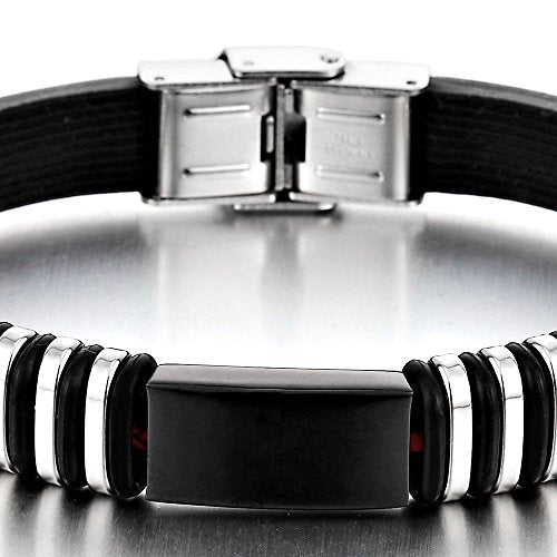 COOLSTEELANDBEYOND Stainless Steel Black Silicone Bracelet for Mens Inlaid with Braided Leather in Red - coolsteelandbeyond