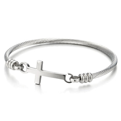 COOLSTEELANDBEYOND Stainless Steel Horizontal Sideway Lateral Cross Twisted Cable Bangle Bracelet for Women and - coolsteelandbeyond