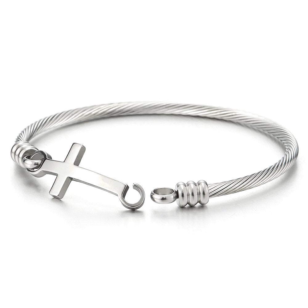 Men's Bracelet - Black Stainless Steel Lateral Cross With Brown Braided Leather Bangle