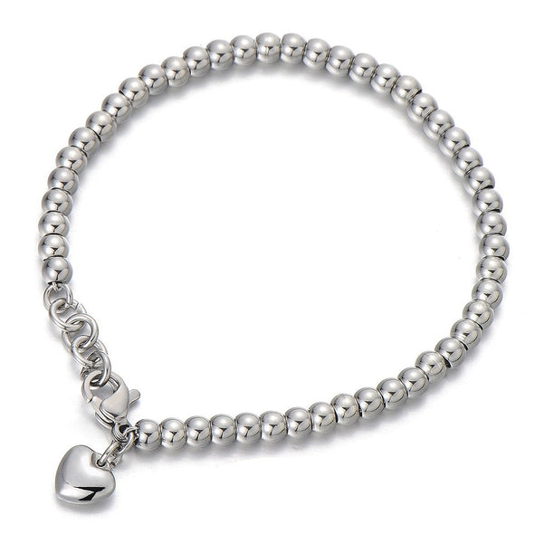 Stainless Steel Link Charm Bracelet for Women with Dangling Heart Charm