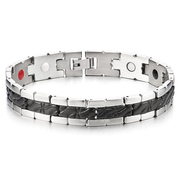 COOLSTEELANDBEYOND Stainless Steel Men's Jewelry with Four Therapy Elements Magnetic Link Bracelet Gold Silver Color with Free Link Removal Tool - coolsteelandbeyond