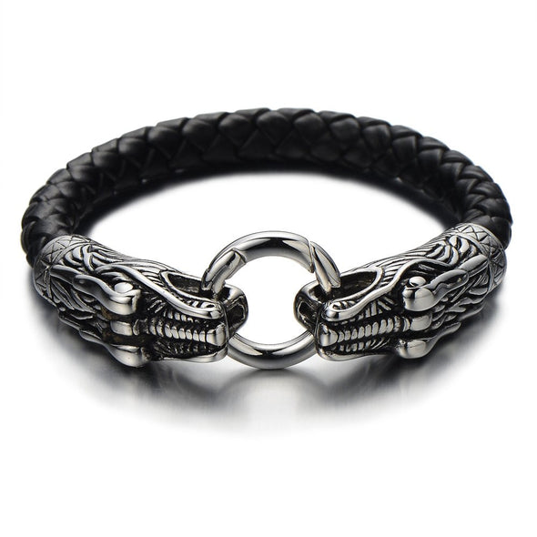 COOLSTEELANDBEYOND Stainless Steel Mens Dragon Bangle Bracelet Genuine Braided Leather Wristband Silver Black Two-Tone - coolsteelandbeyond