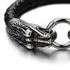 COOLSTEELANDBEYOND Stainless Steel Mens Dragon Bangle Bracelet Genuine Braided Leather Wristband Silver Black Two-Tone - coolsteelandbeyond