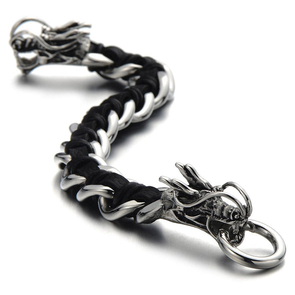COOLSTEELANDBEYOND Stainless Steel Mens Dragon Curb Chain Bracelet Interwoven with Black Genuine Leather Strap - coolsteelandbeyond