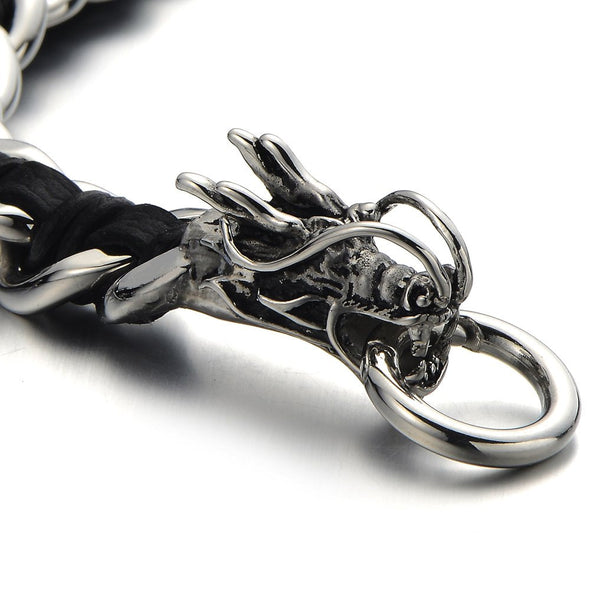 COOLSTEELANDBEYOND Stainless Steel Mens Dragon Curb Chain Bracelet Interwoven with Black Genuine Leather Strap - coolsteelandbeyond