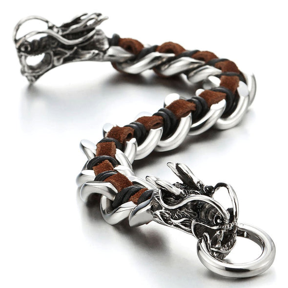 COOLSTEELANDBEYOND Stainless Steel Mens Dragon Curb Chain Bracelet Interwoven with Brown Genuine Leather Strap - coolsteelandbeyond
