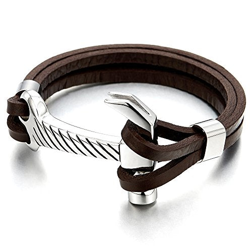 COOLSTEELANDBEYOND Stainless Steel Mens Hammer Bangle Bracelet Genuine Brown Leather Wristband - coolsteelandbeyond
