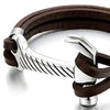 COOLSTEELANDBEYOND Stainless Steel Mens Hammer Bangle Bracelet Genuine Brown Leather Wristband - coolsteelandbeyond