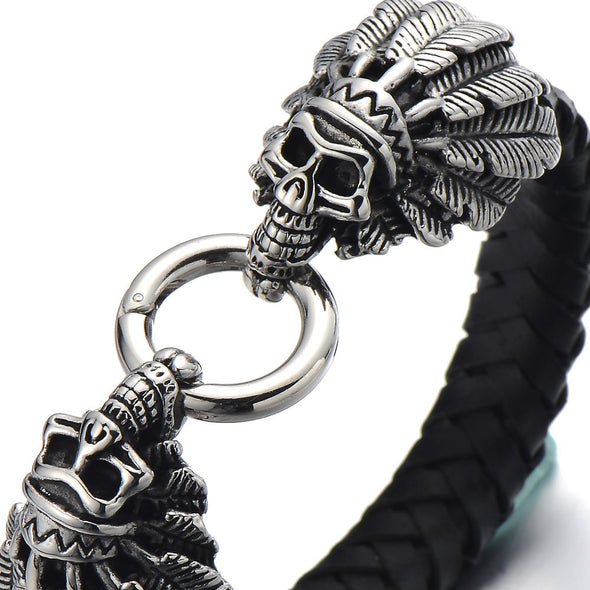 COOLSTEELANDBEYOND Stainless Steel Mens Indian Skull Bangle Bracelet Genuine Braided Leather Wristband Spring Ring Clasp - coolsteelandbeyond