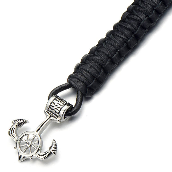 Stainless Steel Mens Marine Anchor Bangle Bracelet Genuine Braided Leather Wristband - COOLSTEELANDBEYOND Jewelry