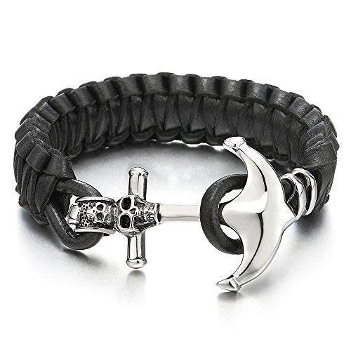 COOLSTEELANDBEYOND Stainless Steel Mens Marine Anchor Skull Bangle Bracelet Black Genuine Braided Leather Wristband - coolsteelandbeyond