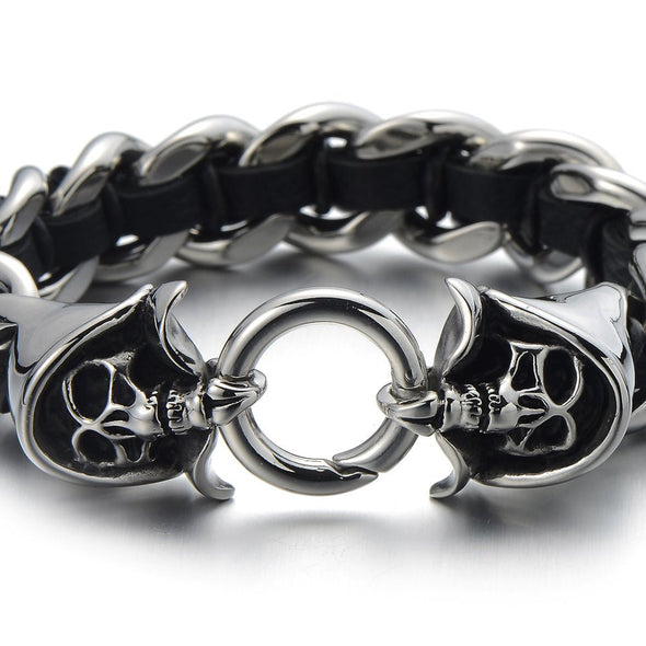 Stainless Steel Mens Skull Curb Chain Bracelet Interwoven with Black Genuine Braided Leather - COOLSTEELANDBEYOND Jewelry