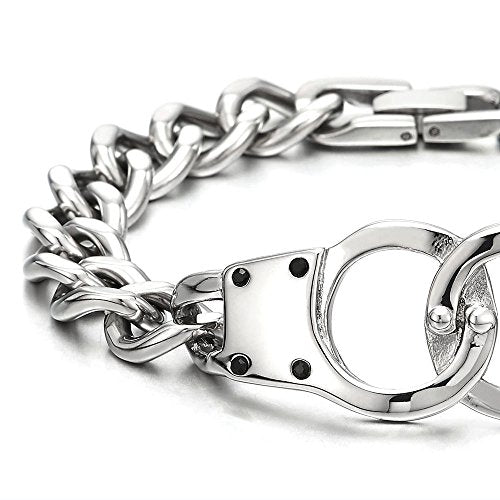 COOLSTEELANDBEYOND Stainless Steel Mens Womens Handcuff Curb Chain Bangle Bracelet, Silver Color Polished - coolsteelandbeyond