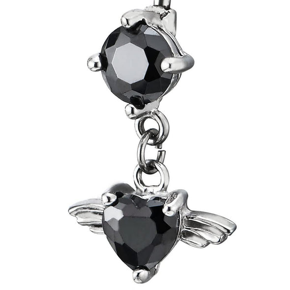 Steel Belly Chain Button Ring Body Jewelry Piercing Navel Ring with Black Heart Cubic Zirconia - COOLSTEELANDBEYOND Jewelry