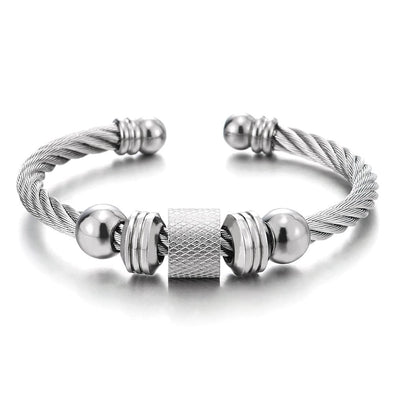 COOLSTEELANDBEYOND Steel Twisted Cable Cuff Bangle Bracelet for Men Women with Beads Charms, Polished, Adjustable - coolsteelandbeyond
