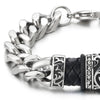 COOLSTEELANDBEYOND Steel Curb Chain Bracelet, Tribal Tattoo Pattern ID Identification with CZ, Black Braided Leather - coolsteelandbeyond