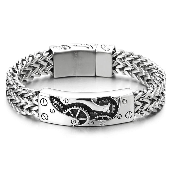Steel Franco Link Curb Chain Steampunk Gear Screw Head ID Identification Bracelet, Spring Box Clasp