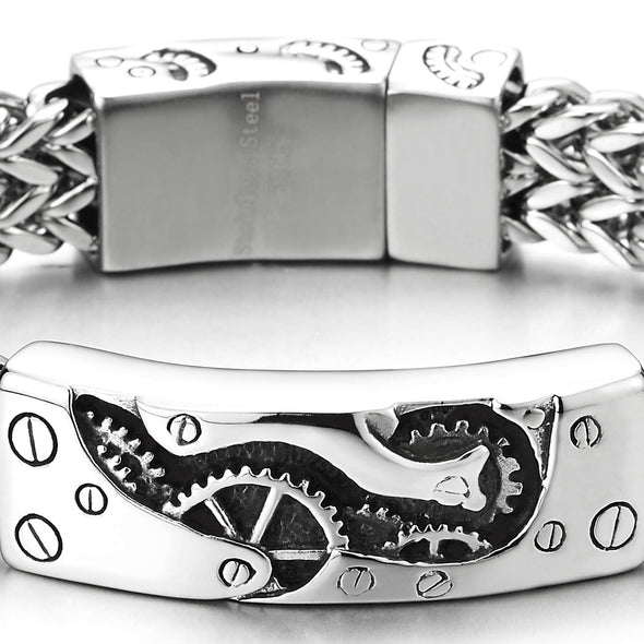 Steel Franco Link Curb Chain Steampunk Gear Screw Head ID Identification Bracelet, Spring Box Clasp