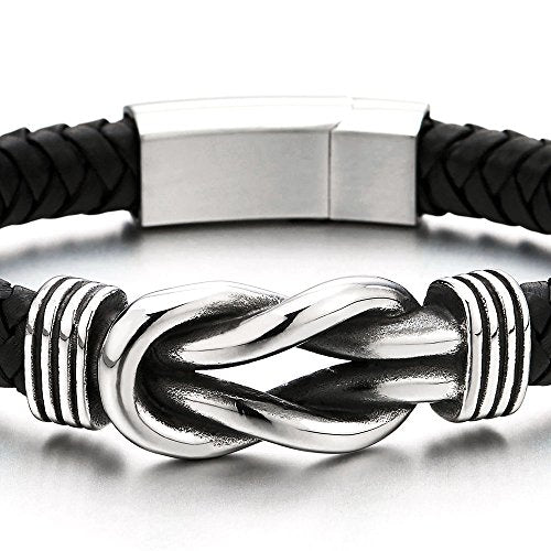 COOLSTEELANDBEYOND Steel Friendship Nautical Knot Bracelet Black Braided Genuine Leather Wristband Mens Womens - coolsteelandbeyond