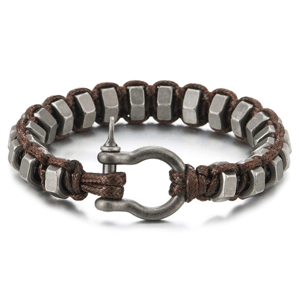 Steel Old Metal Finishing Hexagon Screw Heads Braided Brown Cotton Rope Bracelet Screw Anchor Shackle