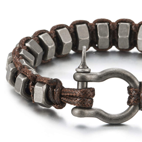 Steel Old Metal Finishing Hexagon Screw Heads Braided Brown Cotton Rope Bracelet Screw Anchor Shackle