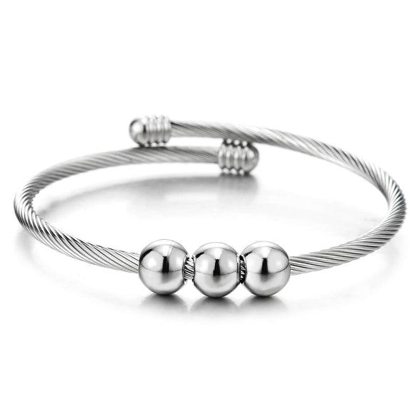 Steel Polished Balls Beads String Bangle Cuff Bracelet for Women, Adjustable - COOLSTEELANDBEYOND Jewelry