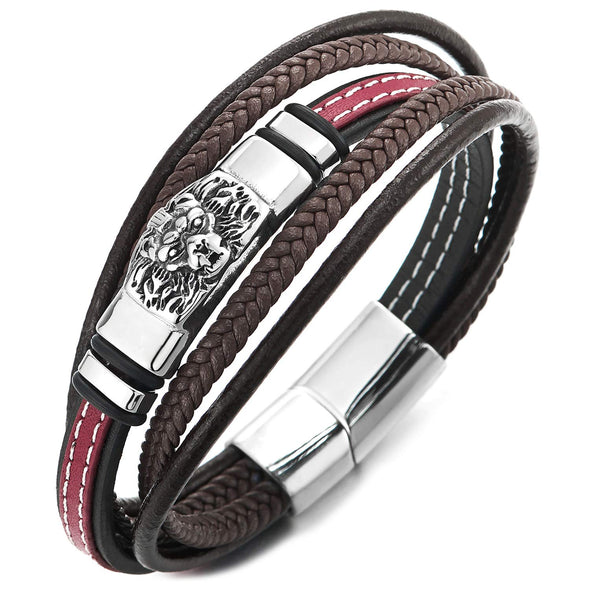 Steel Vintage Lion Head Charm Multi-Strand Brown Red Black Braided Leather Bracelet White Stitches - COOLSTEELANDBEYOND Jewelry