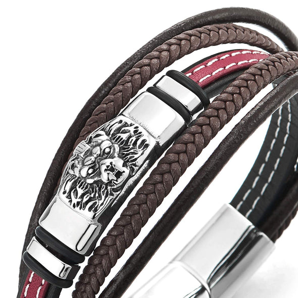 Steel Vintage Lion Head Charm Multi-Strand Brown Red Black Braided Leather Bracelet White Stitches - COOLSTEELANDBEYOND Jewelry