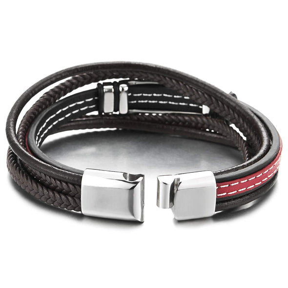 Steel Vintage Lion Head Charm Multi-Strand Brown Red Black Braided Leather Bracelet White Stitches - COOLSTEELANDBEYOND Jewelry