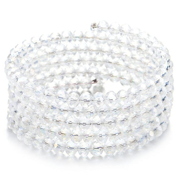 Stretchable Multi-Wrap Stackable Beaded Wire Bracelets with Rainbow Glitter White Clear Crystal - COOLSTEELANDBEYOND Jewelry