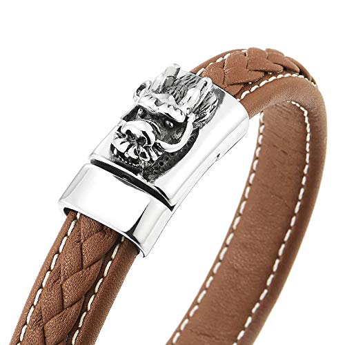 COOLSTEELANDBEYOND Stylish Mens Steel Dragon Brown Braided Leather Bangle Bracelet with Magnetic Clasp - coolsteelandbeyond