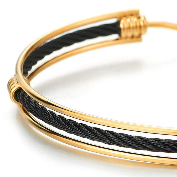COOLSTEELANDBEYOND Stylish Mens Womens Stainless Steel Twisted Cable Bangle Bracelet with Ball Hook Clasp, Gold Black - coolsteelandbeyond