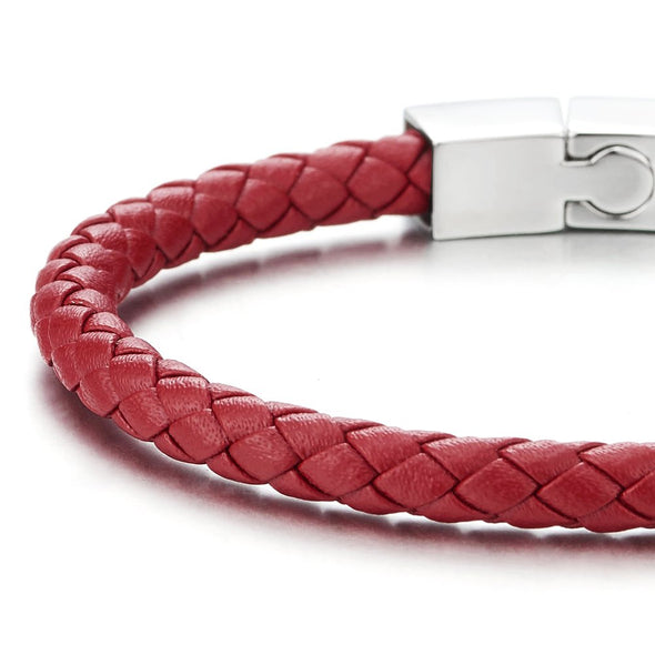 COOLSTEELANDBEYOND Thin Red Braided Leather Bracelet Leather Bangle Wristband, Steel Magnetic Clasp for Men Women - coolsteelandbeyond