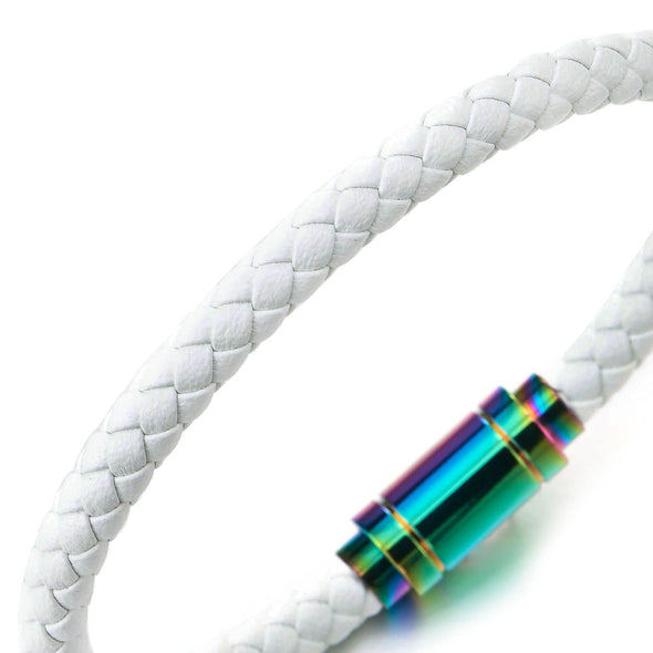 Thin White Braided Genuine Leather Bangle Bracelet for Men Women, Rainbow Oxidized Magnetic Clasp - COOLSTEELANDBEYOND Jewelry