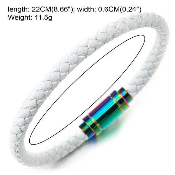 Thin White Braided Genuine Leather Bangle Bracelet for Men Women, Rainbow Oxidized Magnetic Clasp - COOLSTEELANDBEYOND Jewelry