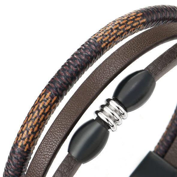 Three-Strand Brown Braided Leather Bracelet Wristband with Black Steel Charms and Magnetic Clasp - COOLSTEELANDBEYOND Jewelry