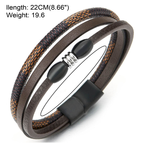 Three-Strand Brown Braided Leather Bracelet Wristband with Black Steel Charms and Magnetic Clasp - COOLSTEELANDBEYOND Jewelry