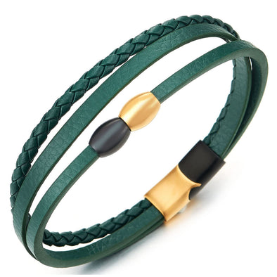 Three-Strand Green Braided Leather Bangle Bracelet with Gold Black Steel Bead Charm, Magnetic Clasp - COOLSTEELANDBEYOND Jewelry