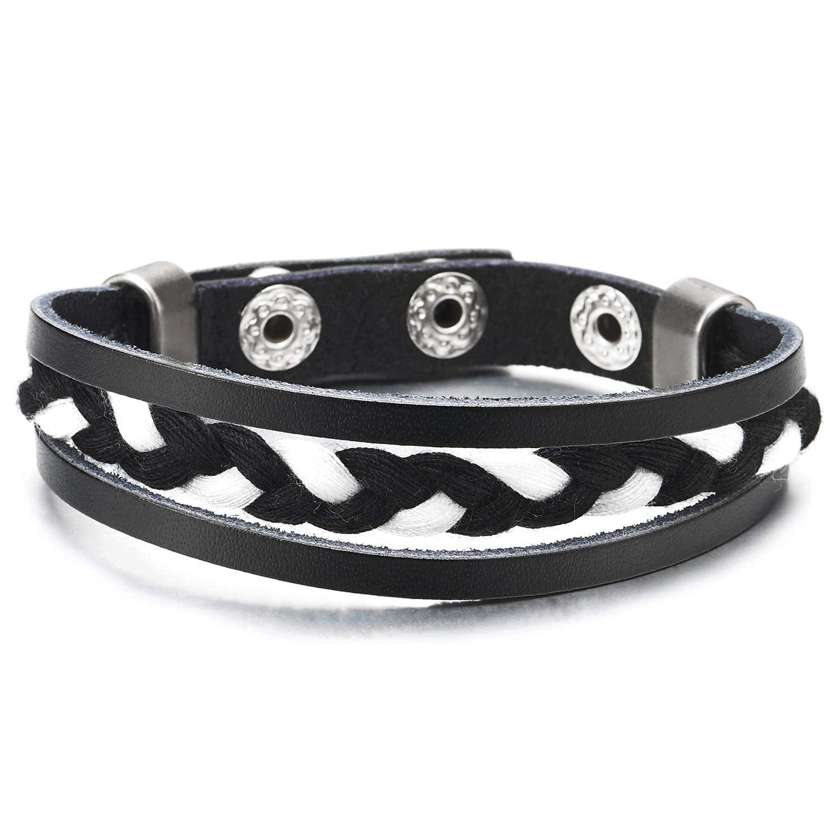 Three-Strand Leather Black White Braided Cotton Rope Bracelet for Men ...