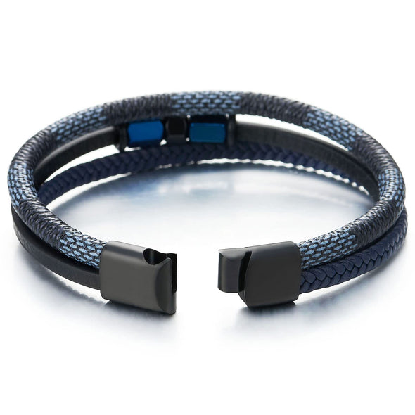 Three-Strand Navy Blue Braided Leather Bracelet Wristband with Blue Steel Charms and Magnetic Clasp - COOLSTEELANDBEYOND Jewelry