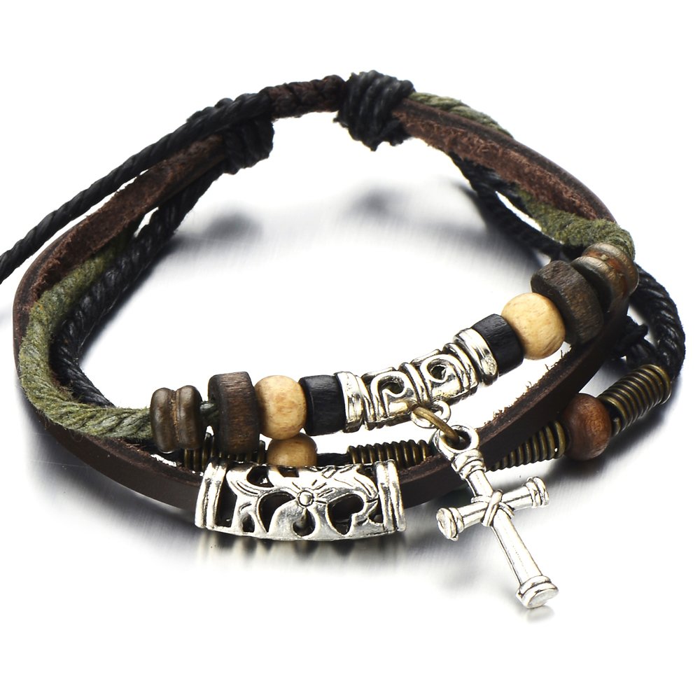 Tribal Cross Multi-Strand Brown Leather Bracelet for Men Women Leather ...